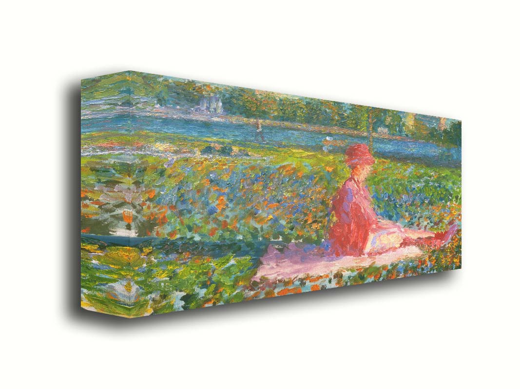 A painting of a lady dressed entirely in pink, sitting on a pink blanket in a city park. A pond can be seen in the background, with people walking along the paths and sitting on the benches. Printed on canvas.