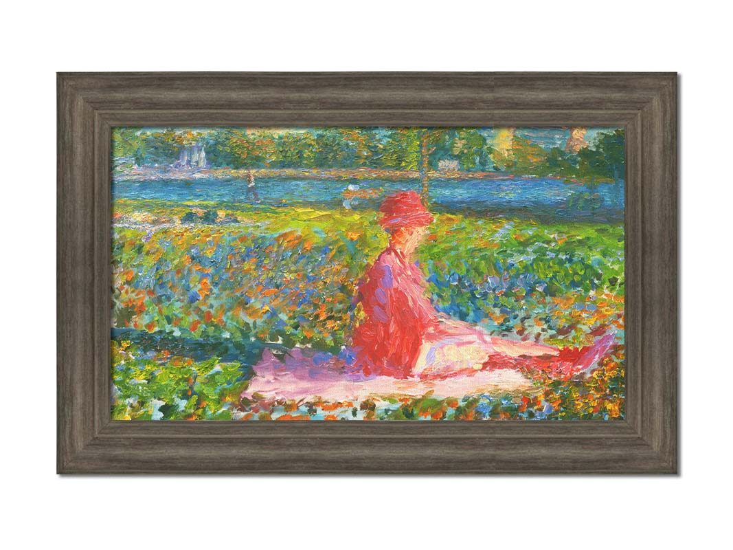 A painting of a lady dressed entirely in pink, sitting on a pink blanket in a city park. A pond can be seen in the background, with people walking along the paths and sitting on the benches. Printed on canvas and framed.