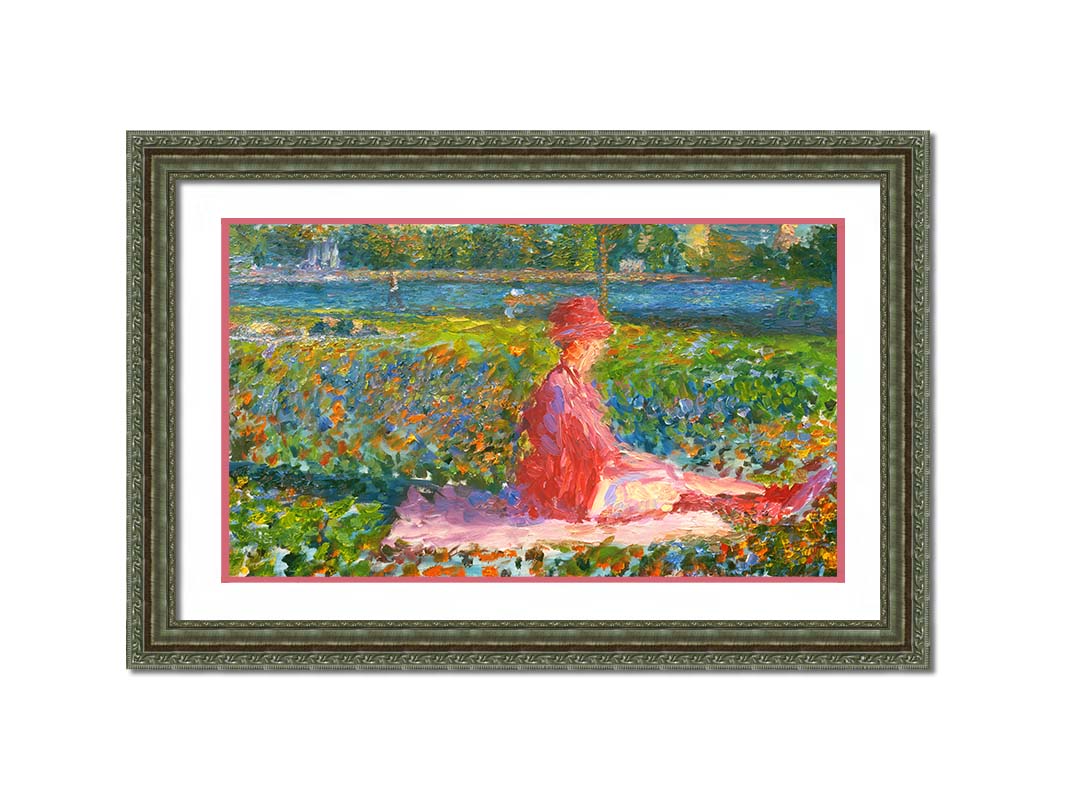 A painting of a lady dressed entirely in pink, sitting on a pink blanket in a city park. A pond can be seen in the background, with people walking along the paths and sitting on the benches. Printed on paper, matted, and framed.