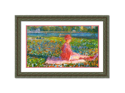 A painting of a lady dressed entirely in pink, sitting on a pink blanket in a city park. A pond can be seen in the background, with people walking along the paths and sitting on the benches. Printed on paper, matted, and framed.