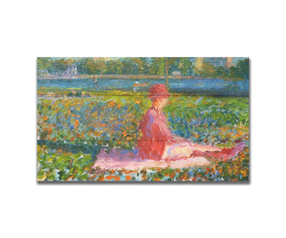 A painting of a lady dressed entirely in pink, sitting on a pink blanket in a city park. A pond can be seen in the background, with people walking along the paths and sitting on the benches. Printed on a box board.