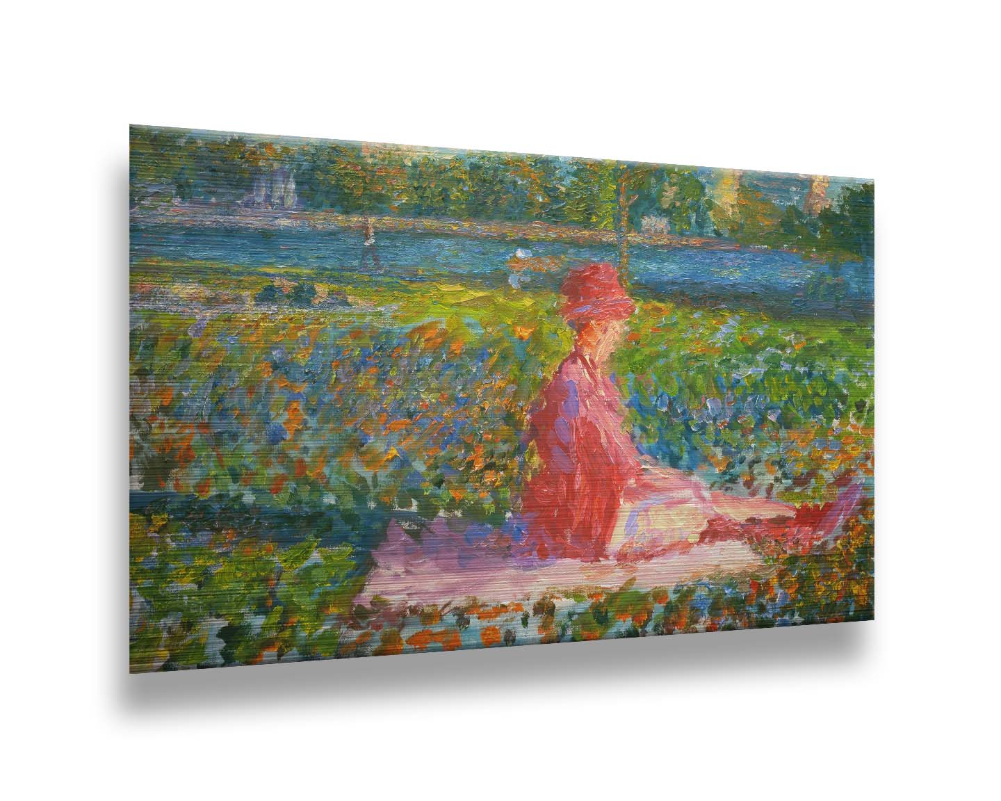 A painting of a lady dressed entirely in pink, sitting on a pink blanket in a city park. A pond can be seen in the background, with people walking along the paths and sitting on the benches. Printed on metal.