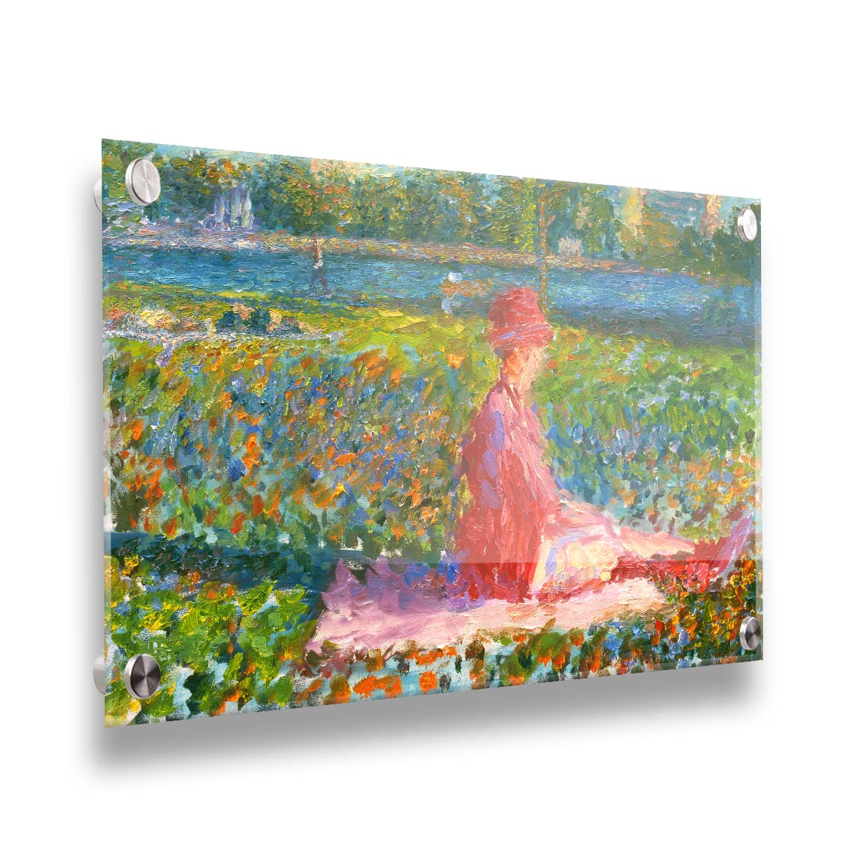 A painting of a lady dressed entirely in pink, sitting on a pink blanket in a city park. A pond can be seen in the background, with people walking along the paths and sitting on the benches. Printed on acrylic.