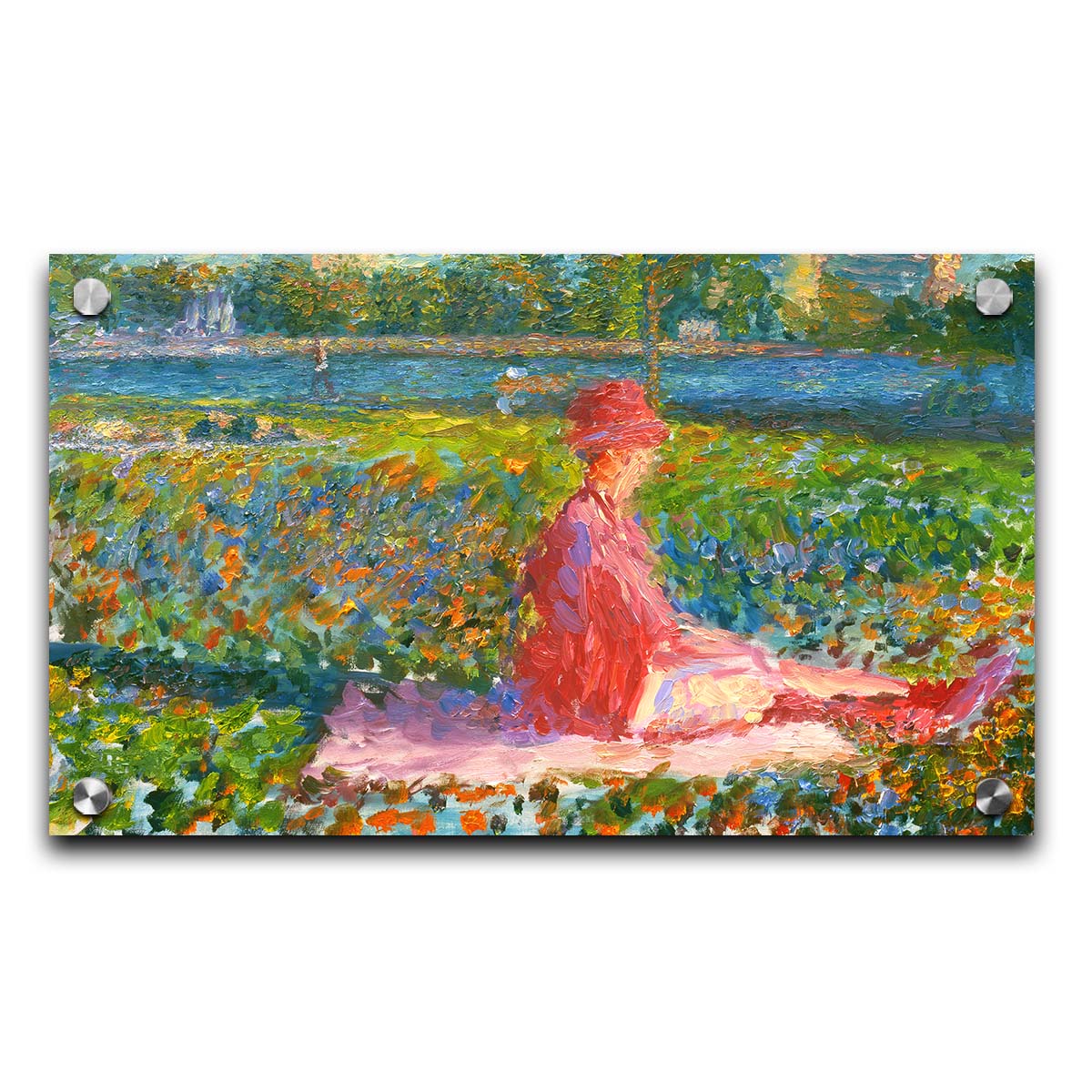 A painting of a lady dressed entirely in pink, sitting on a pink blanket in a city park. A pond can be seen in the background, with people walking along the paths and sitting on the benches. Printed on acrylic.