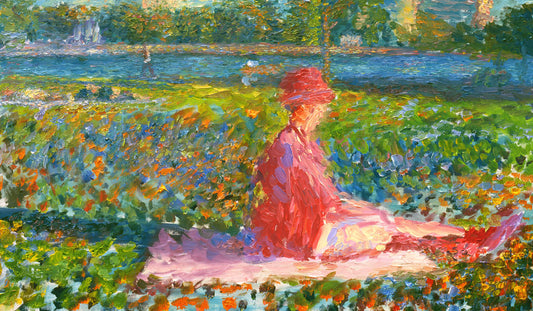 A painting of a lady dressed entirely in pink, sitting on a pink blanket in a city park. A pond can be seen in the background, with people walking along the paths and sitting on the benches.