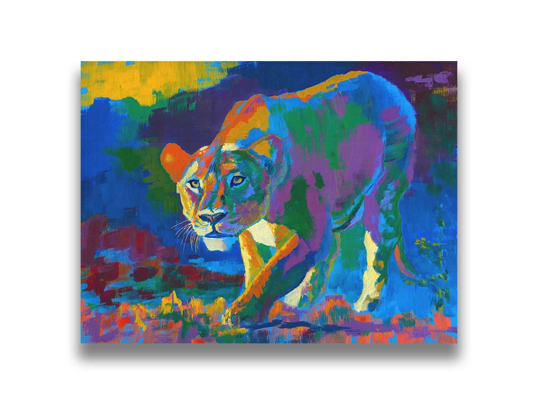 A painting of a lioness on the hunt. It is painted using arbitrary color, across a broad spectrum. Printed on canvas.