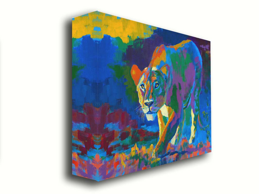 A painting of a lioness on the hunt. It is painted using arbitrary color, across a broad spectrum. Printed on canvas.