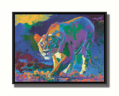 A painting of a lioness on the hunt. It is painted using arbitrary color, across a broad spectrum. Printed on canvas in a float frame.