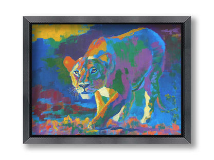 A painting of a lioness on the hunt. It is painted using arbitrary color, across a broad spectrum. Printed on canvas and framed.