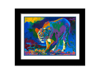 A painting of a lioness on the hunt. It is painted using arbitrary color, across a broad spectrum. Printed on paper, matted, and framed.