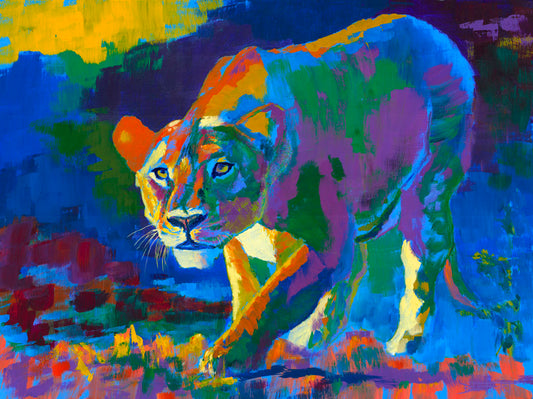 A painting of a lioness on the hunt. It is painted using arbitrary color, across a broad spectrum.