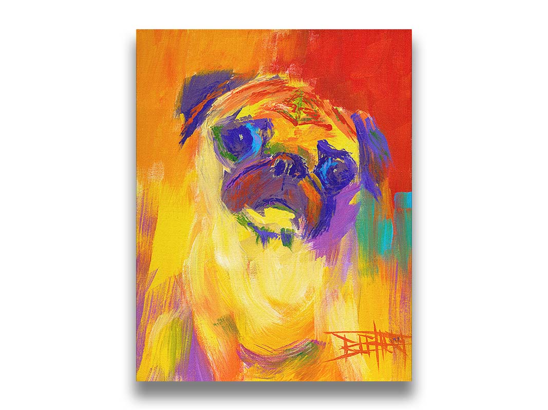 A painting of a pug using an arbitary color pallet in bright colors ranging from red to purple. The unblended brushstrokes create interesting texture and form. Printed on canvas.