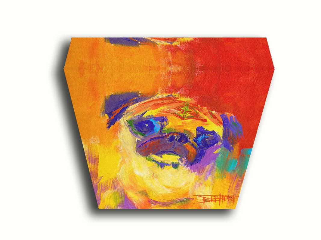 A painting of a pug using an arbitary color pallet in bright colors ranging from red to purple. The unblended brushstrokes create interesting texture and form. Printed on canvas.