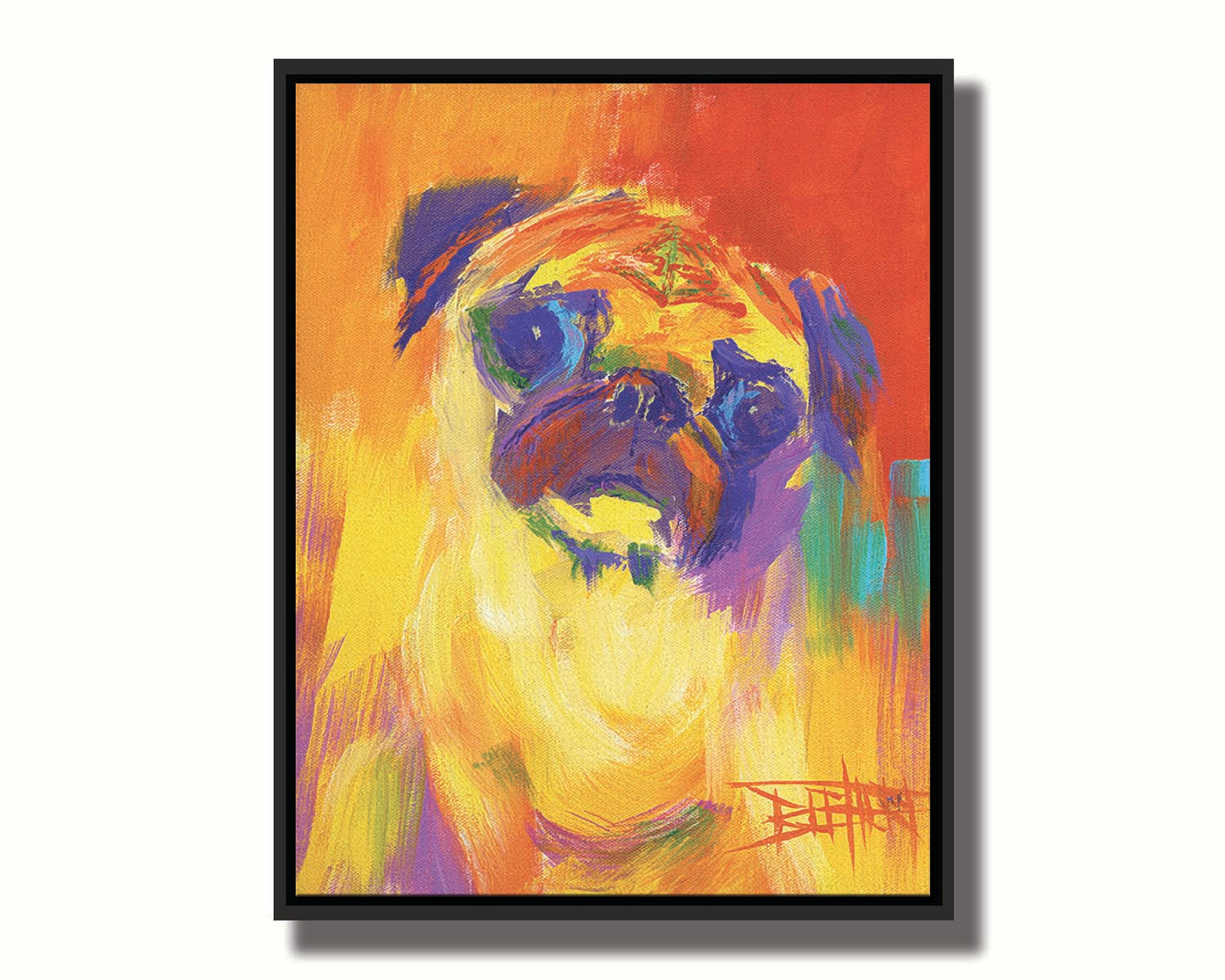 A painting of a pug using an arbitary color pallet in bright colors ranging from red to purple. The unblended brushstrokes create interesting texture and form. Printed on canvas in a float frame.