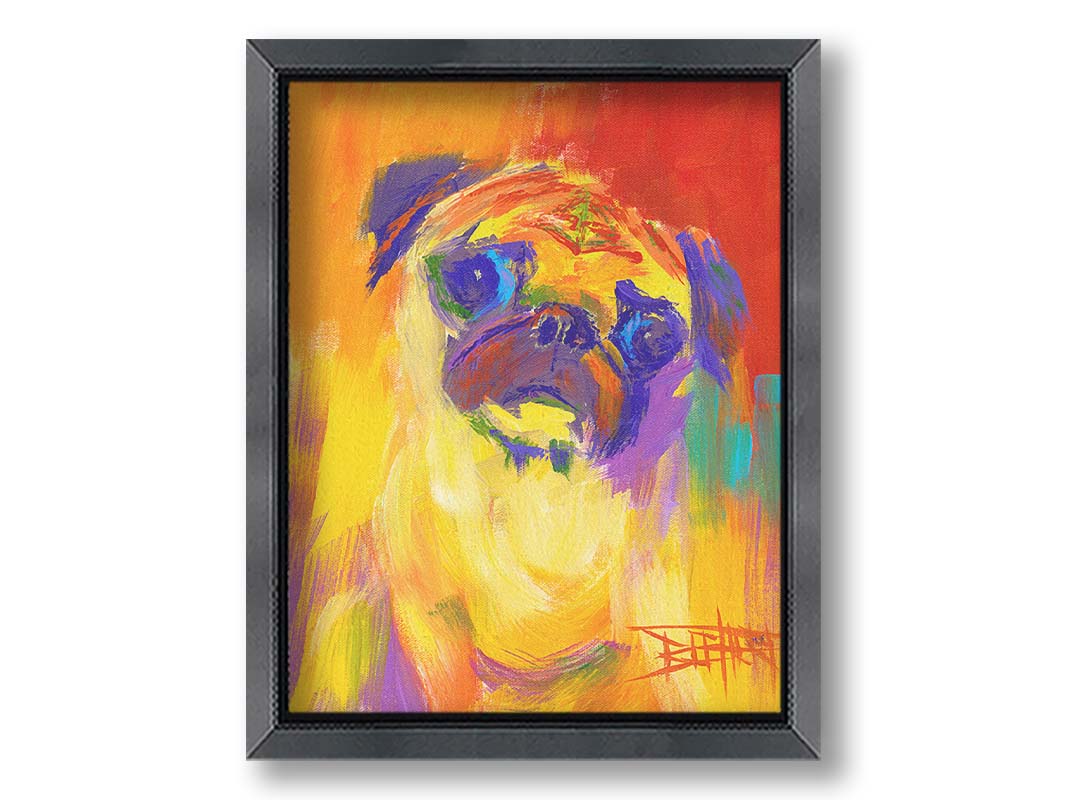 A painting of a pug using an arbitary color pallet in bright colors ranging from red to purple. The unblended brushstrokes create interesting texture and form. Printed on canvas and framed.