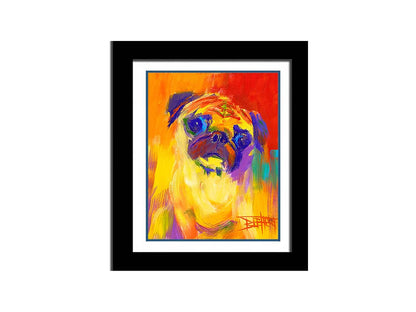 A painting of a pug using an arbitary color pallet in bright colors ranging from red to purple. The unblended brushstrokes create interesting texture and form. Printed on paper, matted, and framed.