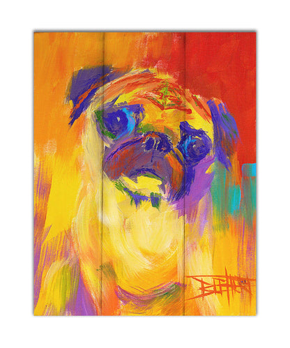 A painting of a pug using an arbitary color pallet in bright colors ranging from red to purple. The unblended brushstrokes create interesting texture and form. Printed on a box board.