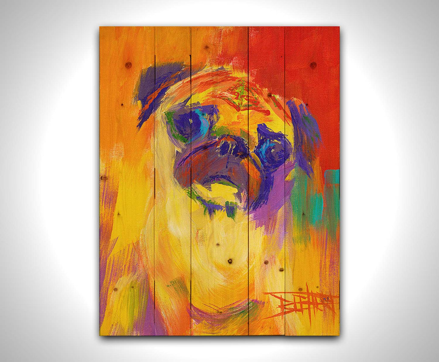 A painting of a pug using an arbitary color pallet in bright colors ranging from red to purple. The unblended brushstrokes create interesting texture and form. Printed on a wood pallet.