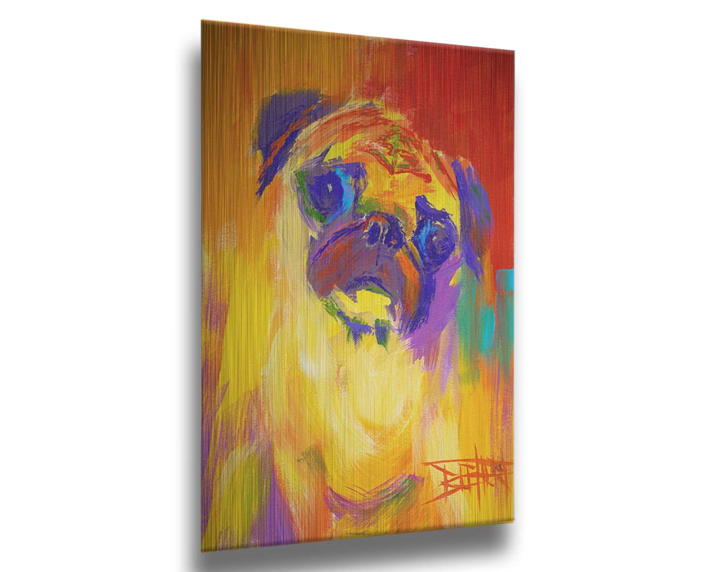 A painting of a pug using an arbitary color pallet in bright colors ranging from red to purple. The unblended brushstrokes create interesting texture and form. Printed on metal.