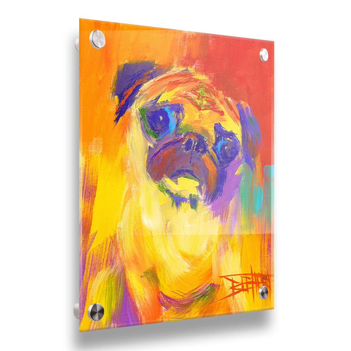 A painting of a pug using an arbitary color pallet in bright colors ranging from red to purple. The unblended brushstrokes create interesting texture and form. Printed on acrylic.