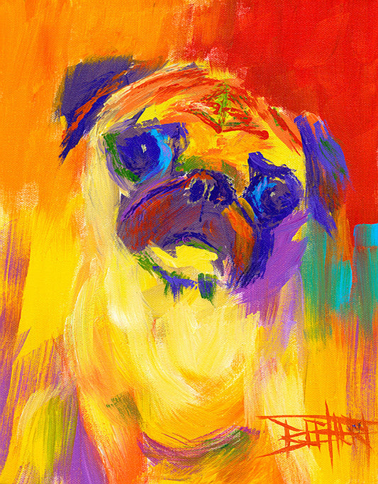 A painting of a pug using an arbitrary color pallet in bright colors ranging from red to purple. The unblended brushstrokes create interesting texture and form.