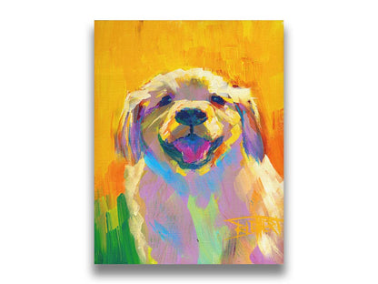 A painting of a golden retriever puppy. It's painted in large, vibile brushstrokes in a vibrant spectrum of color. Printed on canvas.