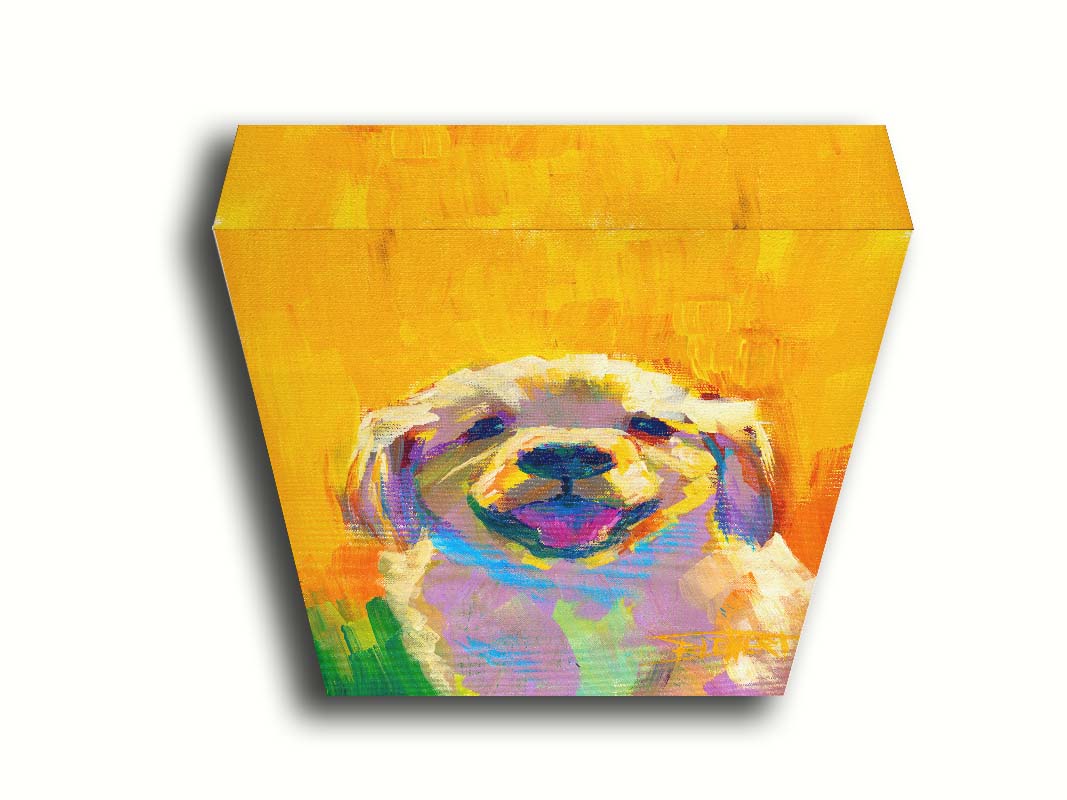 A painting of a golden retriever puppy. It's painted in large, vibile brushstrokes in a vibrant spectrum of color. Printed on canvas.