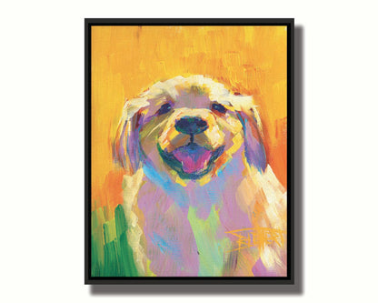 A painting of a golden retriever puppy. It's painted in large, vibile brushstrokes in a vibrant spectrum of color. Printed on canvas in a float frame.