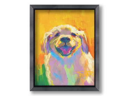 A painting of a golden retriever puppy. It's painted in large, vibile brushstrokes in a vibrant spectrum of color. Printed on canvas and framed.