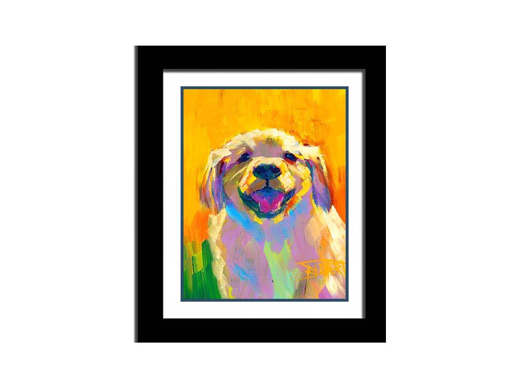 A painting of a golden retriever puppy. It's painted in large, vibile brushstrokes in a vibrant spectrum of color. Printed on paper, matted, and framed.