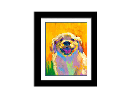 A painting of a golden retriever puppy. It's painted in large, vibile brushstrokes in a vibrant spectrum of color. Printed on paper, matted, and framed.