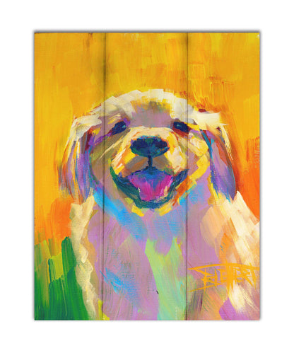 A painting of a golden retriever puppy. It's painted in large, vibile brushstrokes in a vibrant spectrum of color. Printed on a box board.