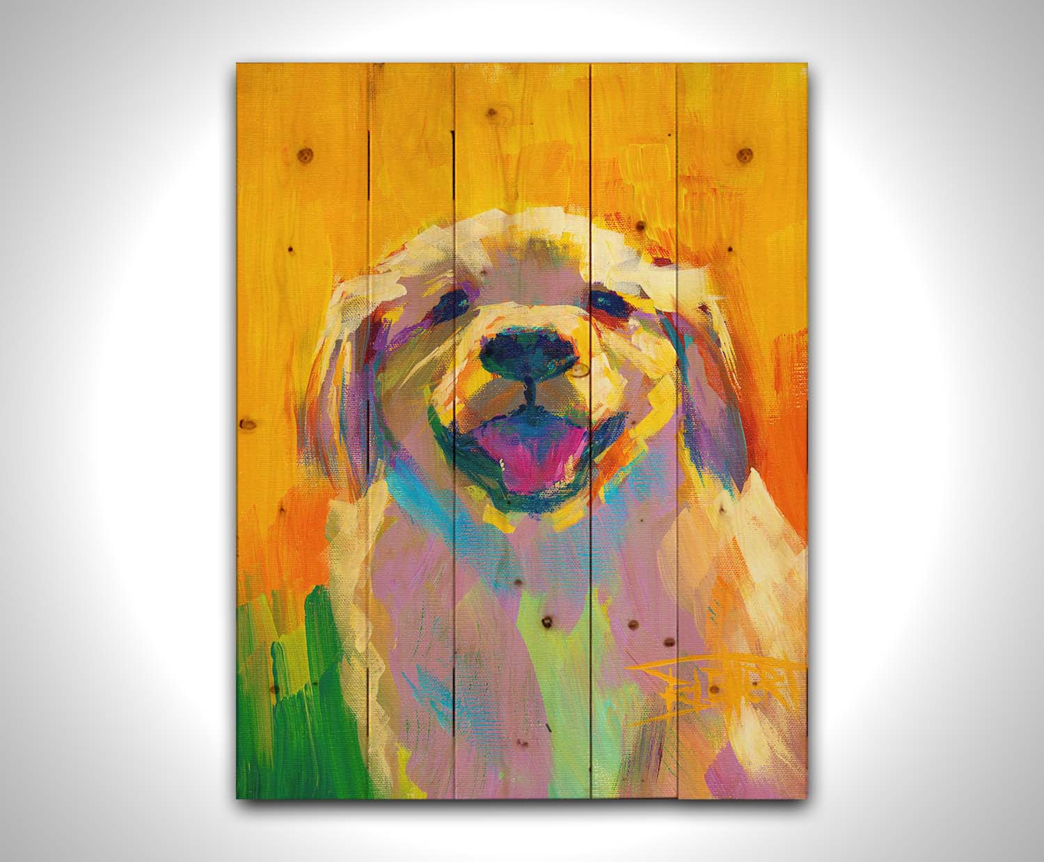 A painting of a golden retriever puppy. It's painted in large, vibile brushstrokes in a vibrant spectrum of color. Printed on a wood pallet.