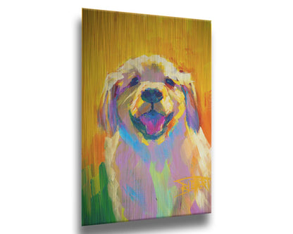 A painting of a golden retriever puppy. It's painted in large, vibile brushstrokes in a vibrant spectrum of color. Printed on metal.