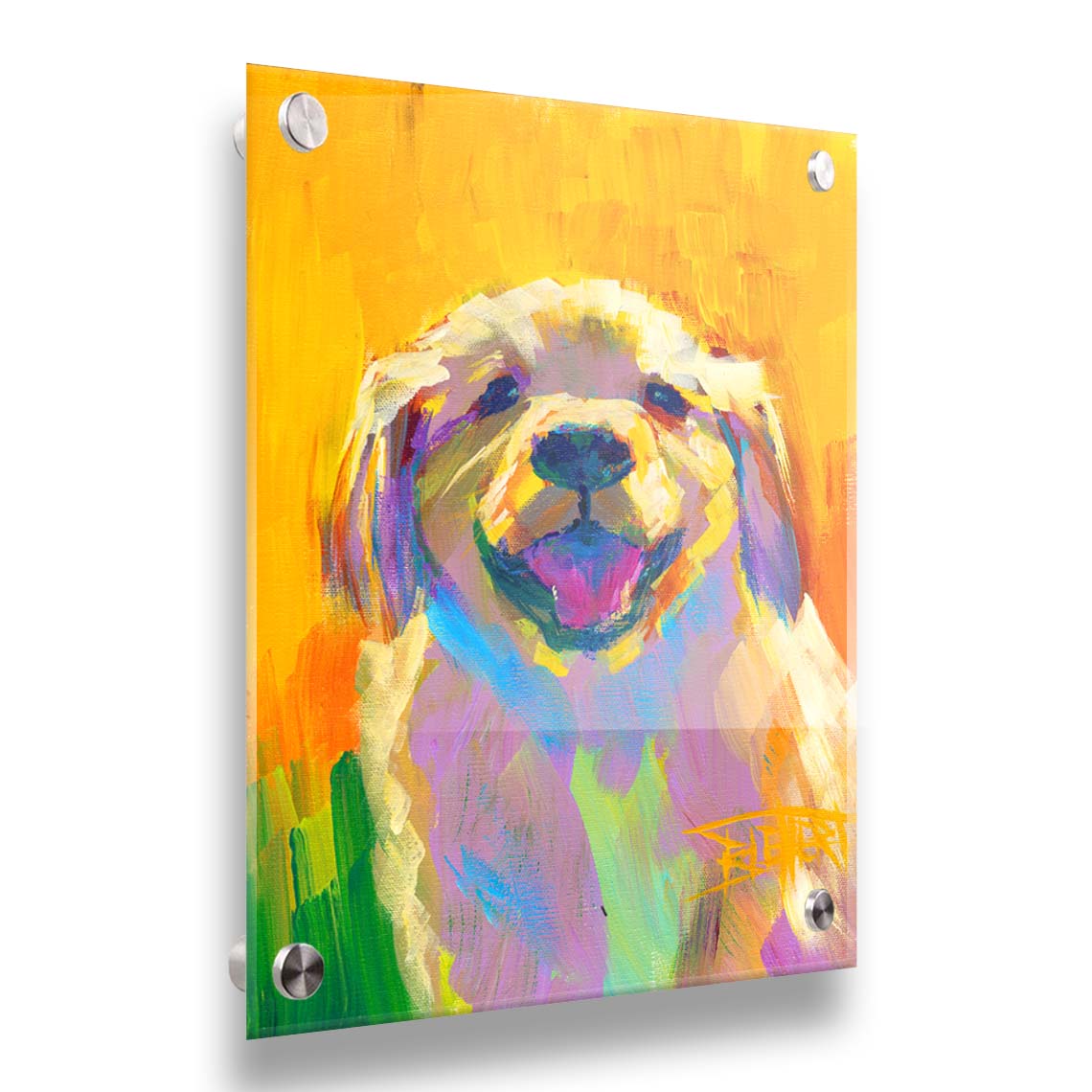 A painting of a golden retriever puppy. It's painted in large, vibile brushstrokes in a vibrant spectrum of color. Printed on acrylic.