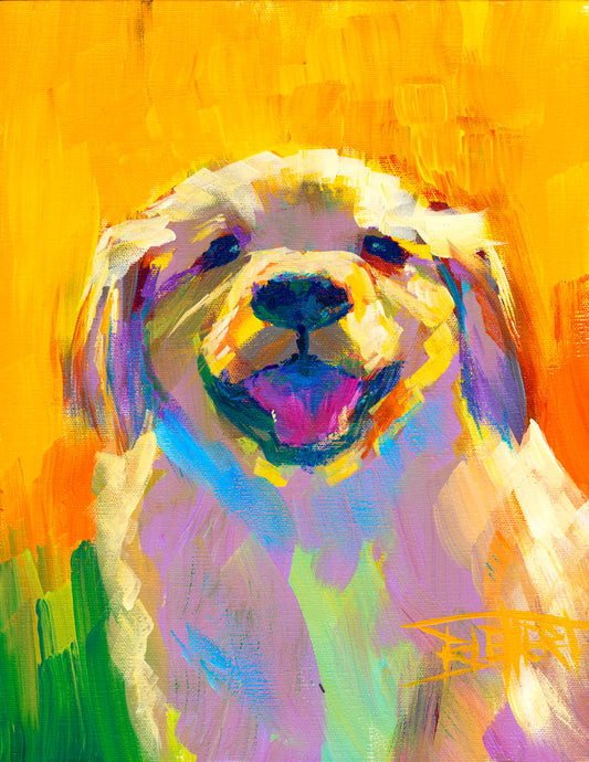 A painting of a golden retriever puppy. It's painted in large, visible brushstrokes in a vibrant spectrum of color.