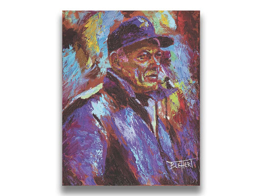 A painting of historic Minnesota Vikings coach Bud Grant in a cool toned palette, with a focus on the iconic Vikings football team purple. Printed on canvas.