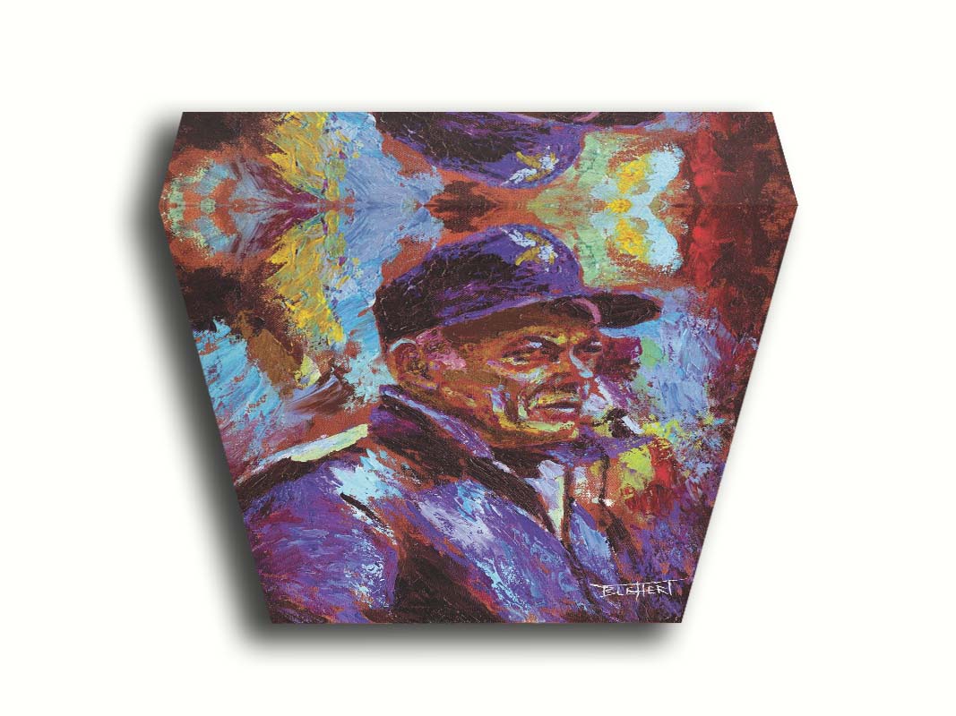 A painting of historic Minnesota Vikings coach Bud Grant in a cool toned palette, with a focus on the iconic Vikings football team purple. Printed on canvas.