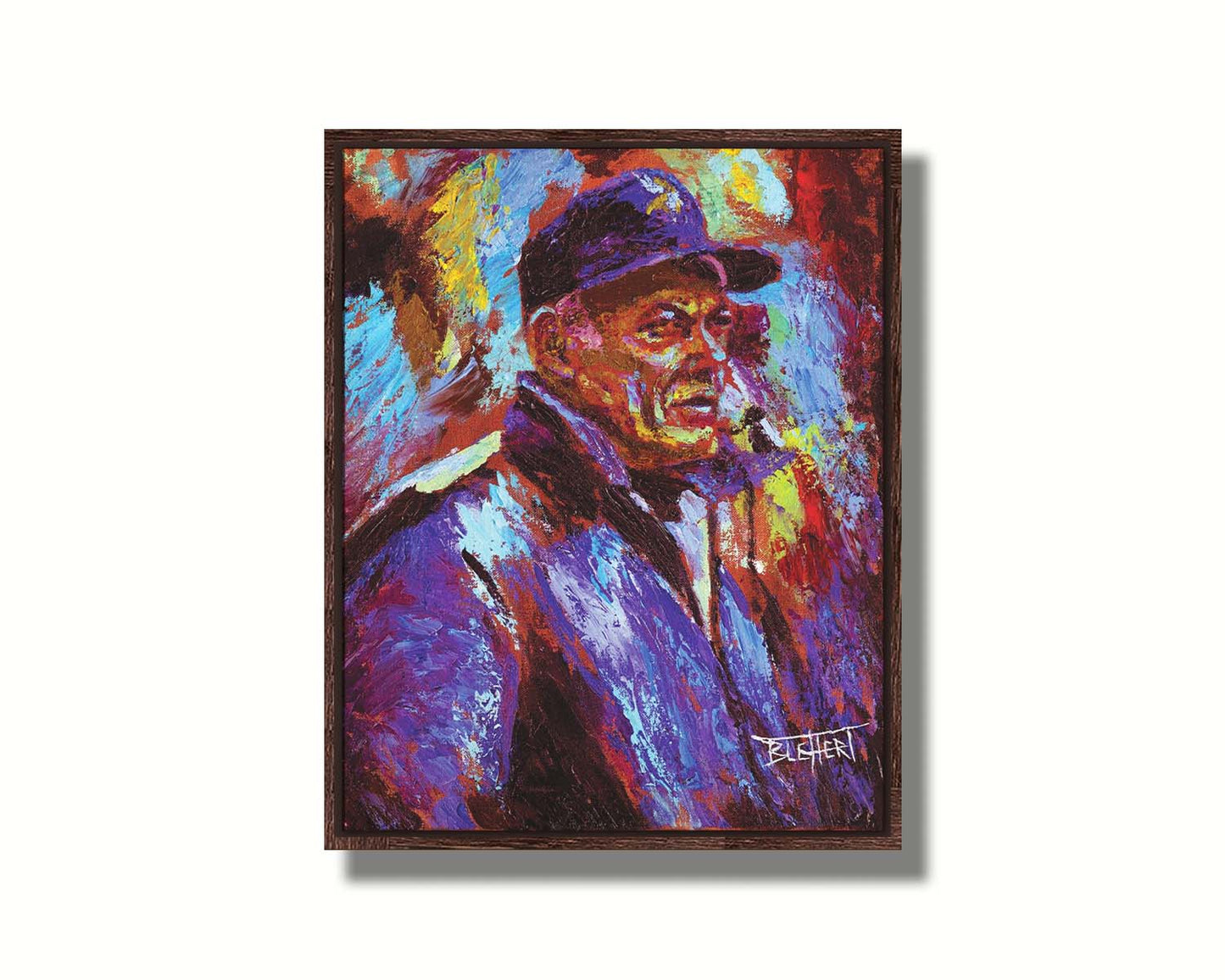 A painting of historic Minnesota Vikings coach Bud Grant in a cool toned palette, with a focus on the iconic Vikings football team purple. Printed on canvas in a float frame.