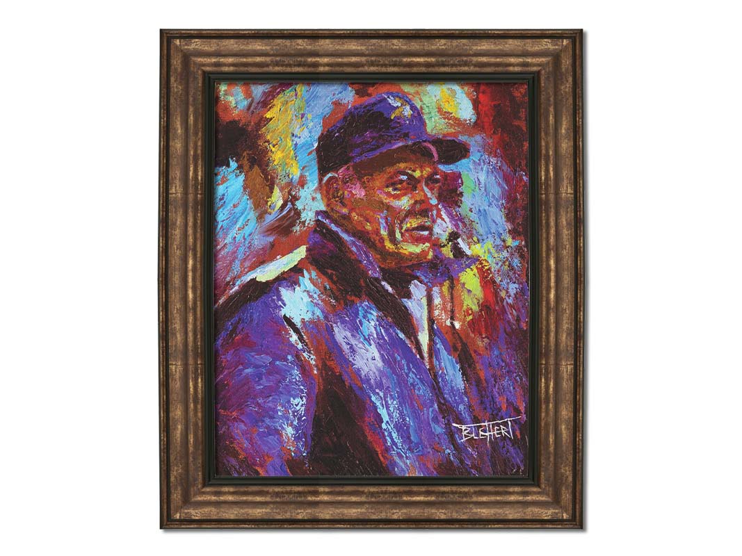 A painting of historic Minnesota Vikings coach Bud Grant in a cool toned palette, with a focus on the iconic Vikings football team purple. Printed on canvas and framed.