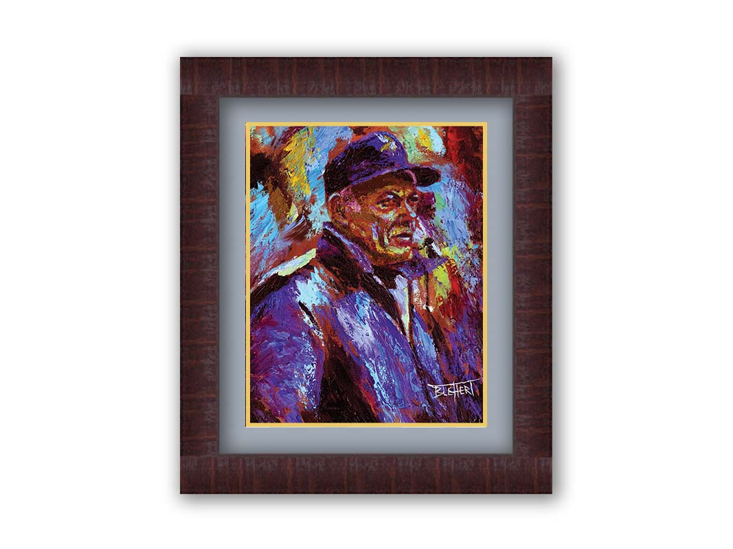 A painting of historic Minnesota Vikings coach Bud Grant in a cool toned palette, with a focus on the iconic Vikings football team purple. Printed on paper, matted, and framed.