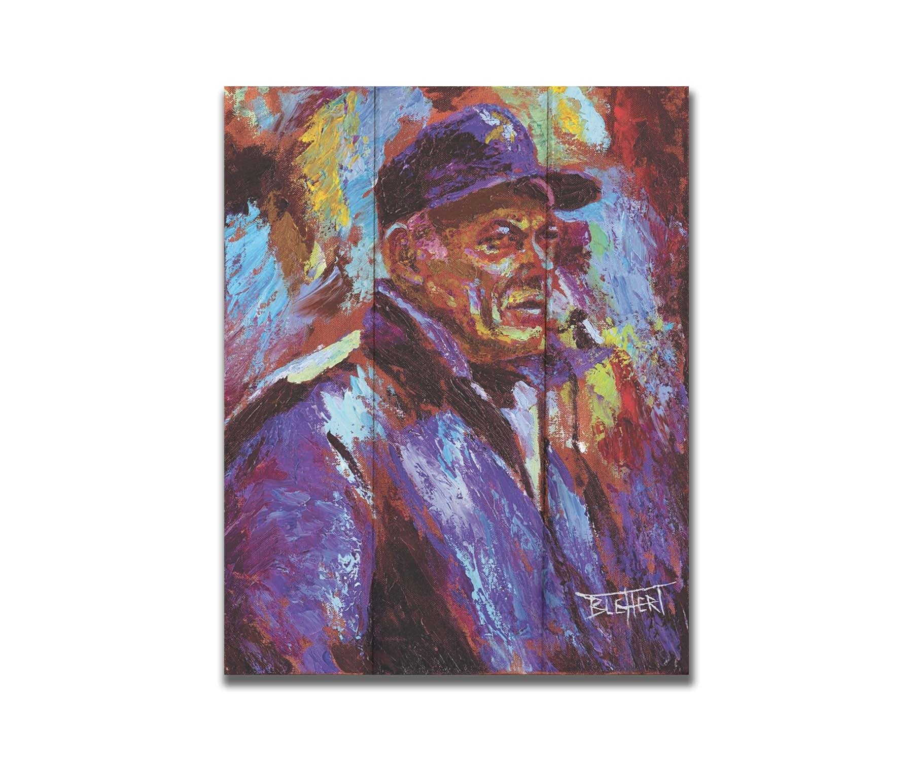 A painting of historic Minnesota Vikings coach Bud Grant in a cool toned palette, with a focus on the iconic Vikings football team purple. Printed on a box board.