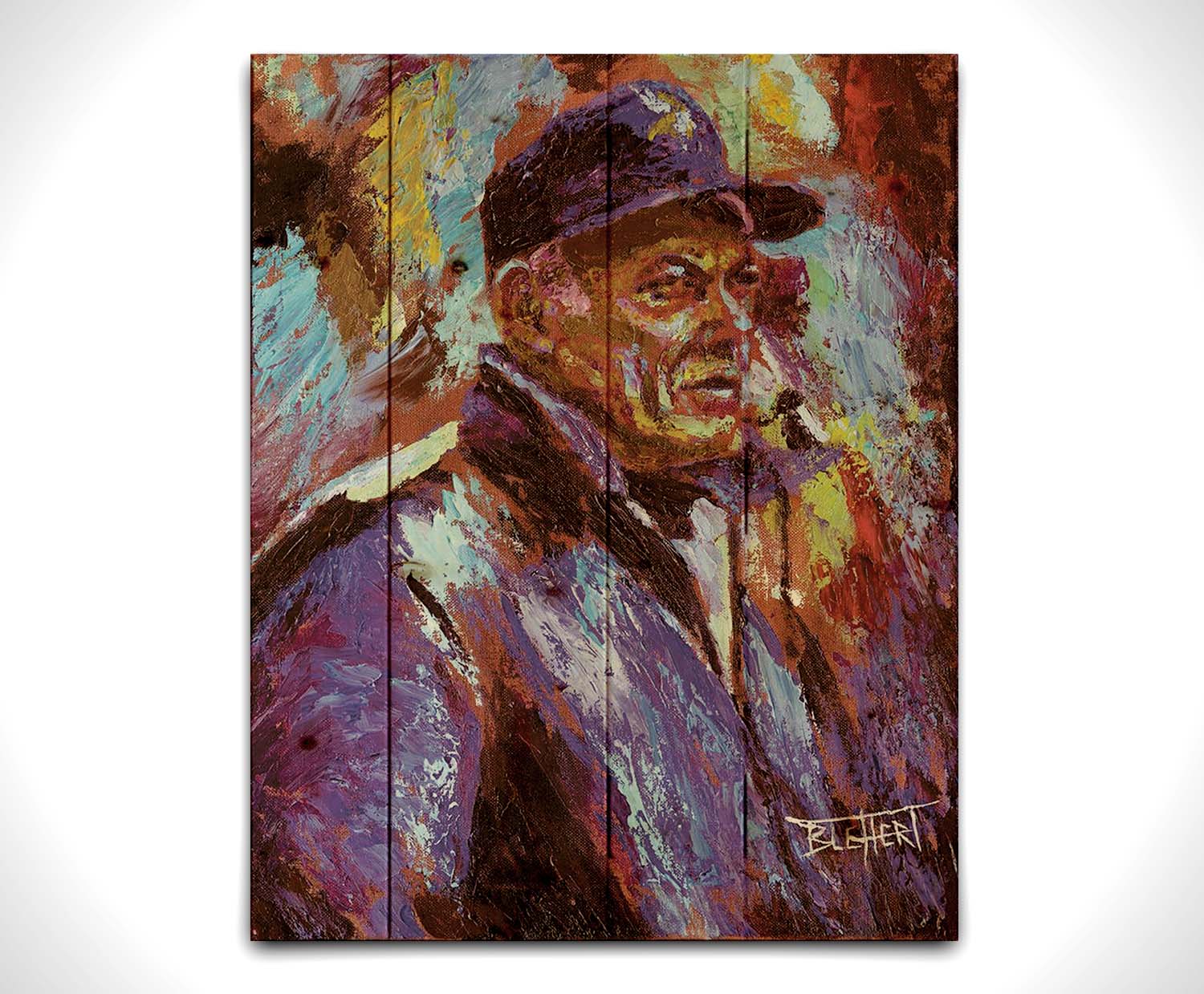 A painting of historic Minnesota Vikings coach Bud Grant in a cool toned palette, with a focus on the iconic Vikings football team purple. Printed on a wood pallet.