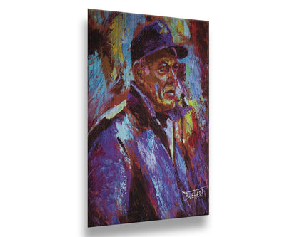 A painting of historic Minnesota Vikings coach Bud Grant in a cool toned palette, with a focus on the iconic Vikings football team purple. Printed on metal.