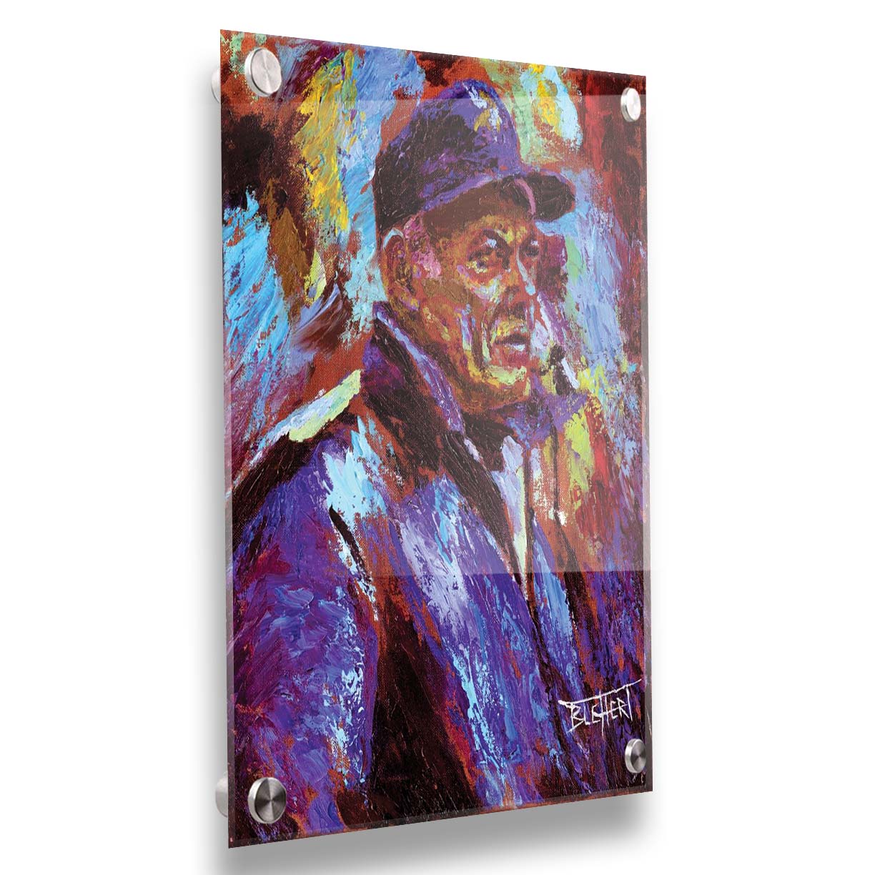 A painting of historic Minnesota Vikings coach Bud Grant in a cool toned palette, with a focus on the iconic Vikings football team purple. Printed on acrylic.