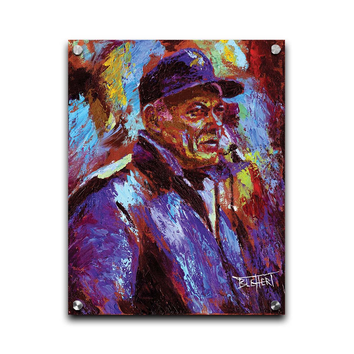 A painting of historic Minnesota Vikings coach Bud Grant in a cool toned palette, with a focus on the iconic Vikings football team purple. Printed on acrylic.