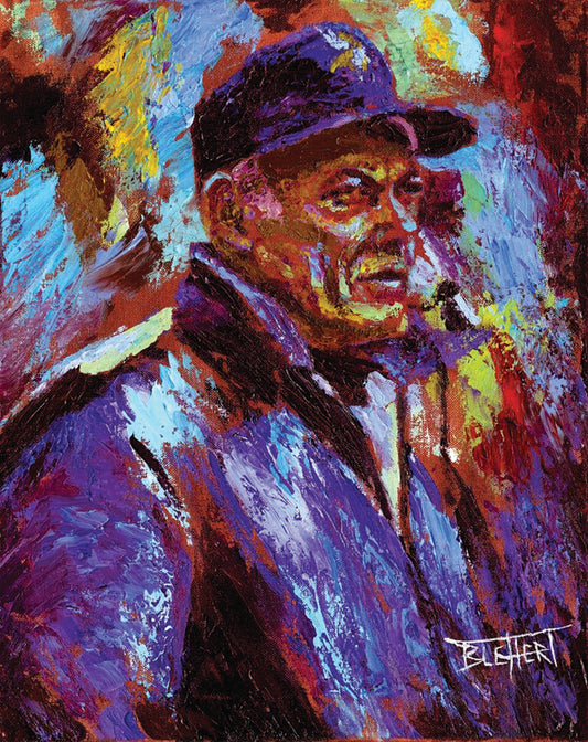 A painting of historic Minnesota Vikings coach Bud Grant in a cool toned palette, with a focus on the iconic Vikings football team purple. 