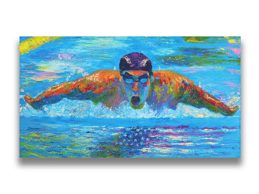 A painting of swimmer Michael Phelps in action, swimming through waters reflecting an American flag. Printed on canvas.