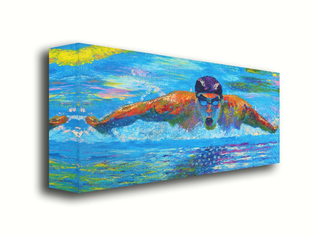 A painting of swimmer Michael Phelps in action, swimming through waters reflecting an American flag. Printed on canvas.