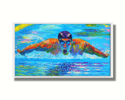 A painting of swimmer Michael Phelps in action, swimming through waters reflecting an American flag. Printed on canvas in a float frame.